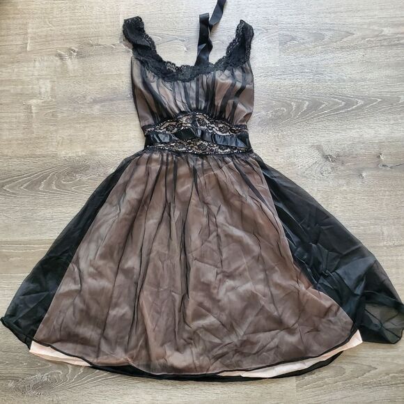 VANITY FAIR VINTAGE LINGERIE BABY DOLL NIGHTGOWN WOMEN Size 38 BLACK BLUSH PINK - Picture 2 of 13